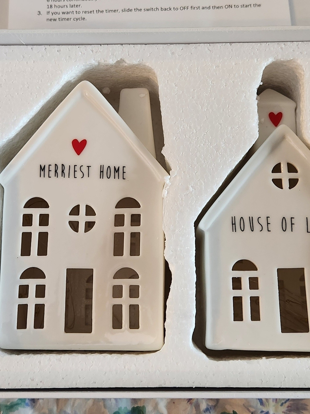 Peace Love World Set of 4 Ceramic Houses with Fairy Lights  MINT Condition